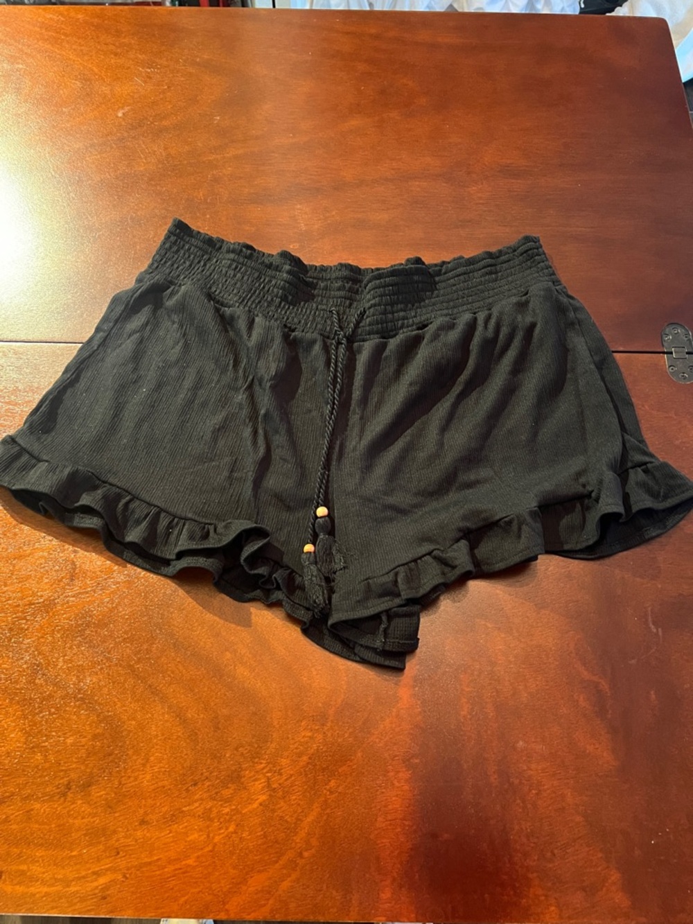No Boundaries Black Ruffle leg Drawstring swim cover Shorts with Bead Detail